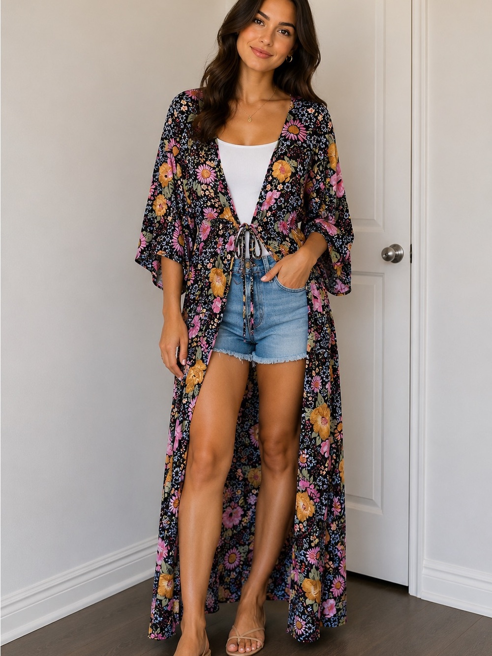 Black Floral Maxi Swim Cover-Up Kimono with Pink & Yellow Blooms
